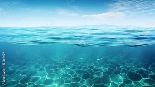 A split view of the ocean surface and the underwater world, showing a clear blue sky, white clouds, and sparkling water.
