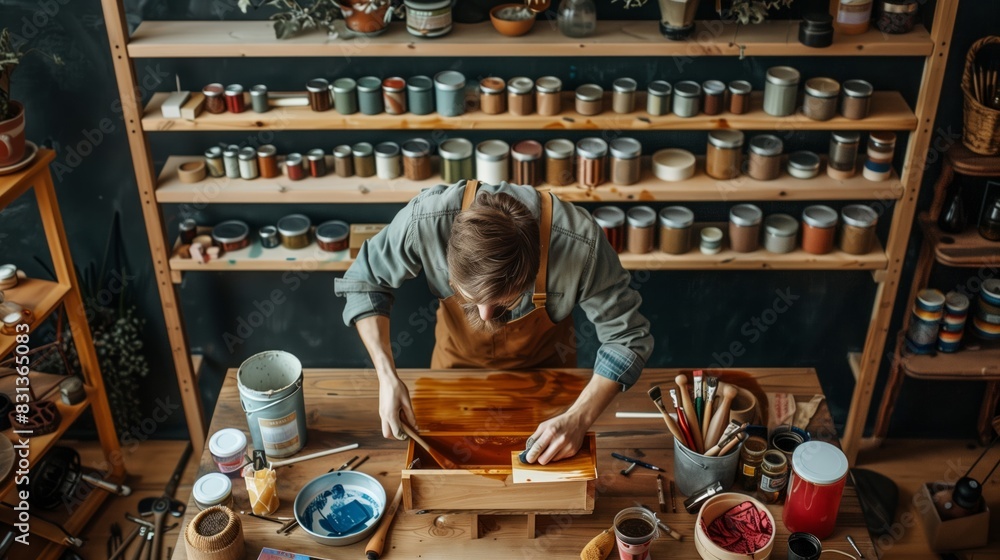 Man Painting on Piece of Wood Image Man Painting on Piece of Wood Image