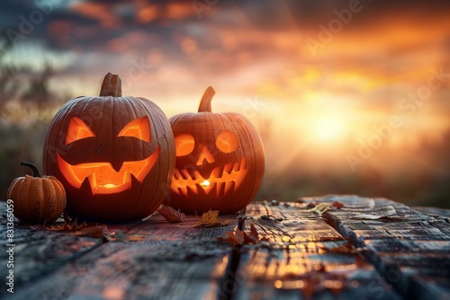 Two carved pumpkins on wooden table with sunset in background photo
