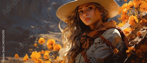 Colorful cowboydressed teenage cowgirl, scenic nature background, digital oil painting, vibrant hues, realistic texture, warm and detailed