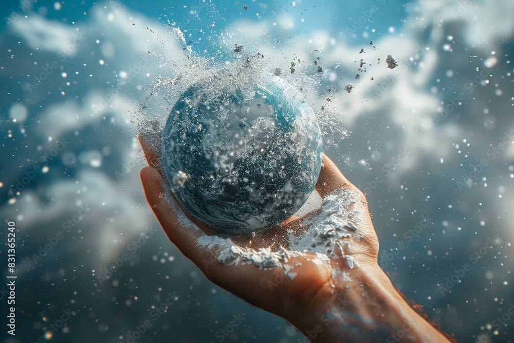 Person holding blue sphere hand water splashing