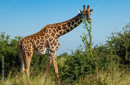 AI generated illustration of a giraffe standing by vegetation on a sunny day