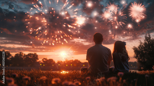 a family watches the fireworks on the fourth of July on some grass photo
