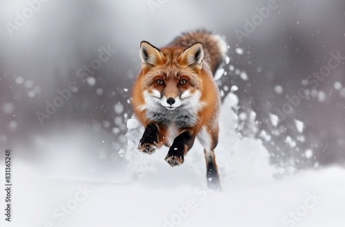 AI generated illustration of a red fox leaps alertly through snowy terrain © Wirestock