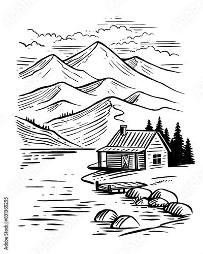 Country house in mountains. Cabin hand drawing