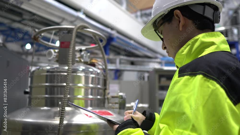 A Factory Engineer Checking Liquid Helium Levels in Storage Tanks, Ensuring Safety Compliance and Recording Usage for Machinery Operations in the Facility A Factory Engineer Checking Liquid Helium Levels in Storage Tanks, Ensuring Safety Compliance and Recording Usage for Machinery Operations in the Facility