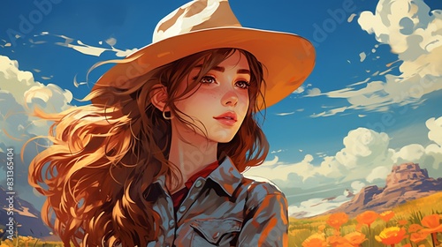 Teenage cowgirl wearing colorful cowboy clothes, natural scenery backdrop, digital sketch, detailed linework, vibrant and lively