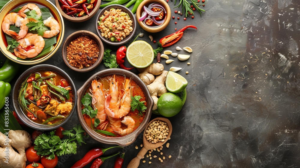 A variety of Asian dishes are displayed on a counter, including shrimp soup A variety of Asian dishes are displayed on a counter, including shrimp soup