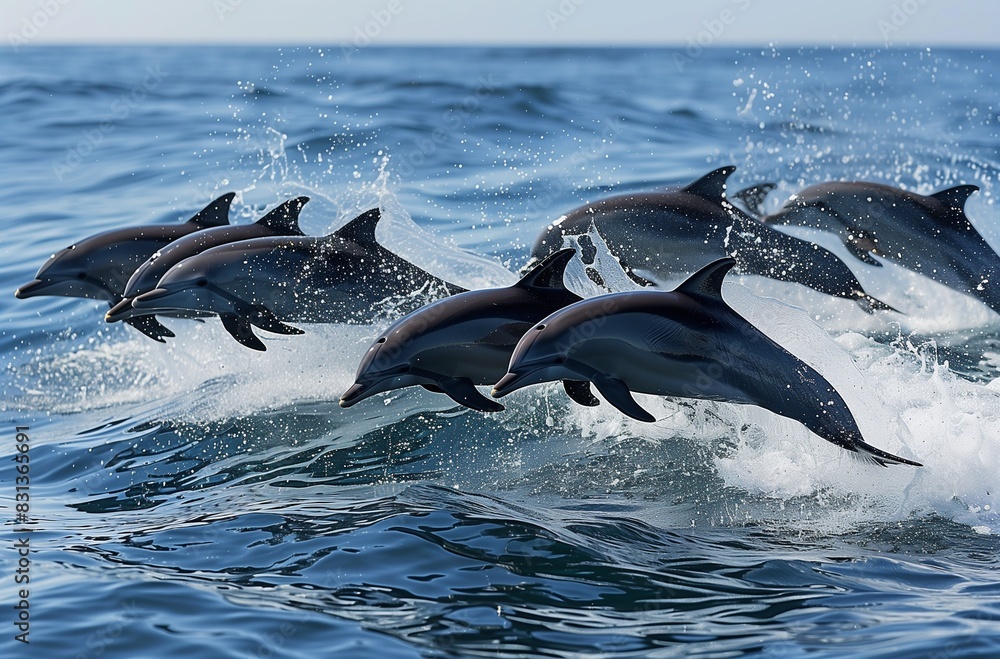 Fototapeta premium AI generated illustration of dolphins gracefully swimming and playing in the water