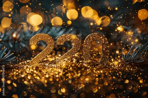 Close up gold glitter 2020 sign christmas tree © Sandu