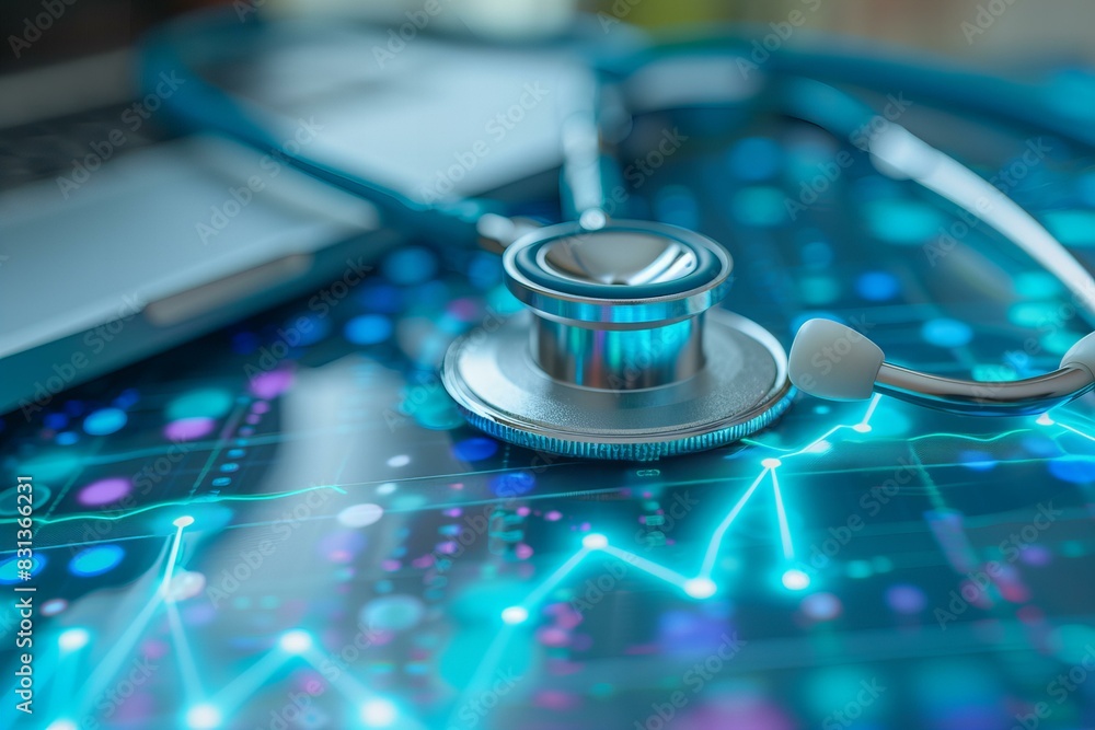 Stethoscope laptop combo on desk Stethoscope laptop combo on desk