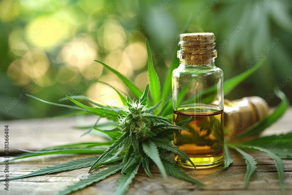 Close up of cannabis oil bottle with plant Close up of cannabis oil bottle with plant