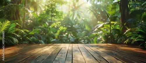Long shot, wooden floor amidst lush jungle, verdant plants and towering trees surrounding, golden sunlight filtering through dense leafy canopy, photorealistic detail photo