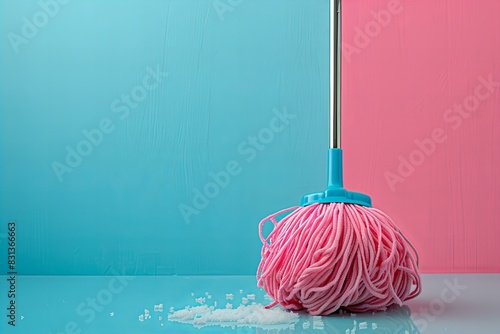 Pink mop blue handle blue surface photo