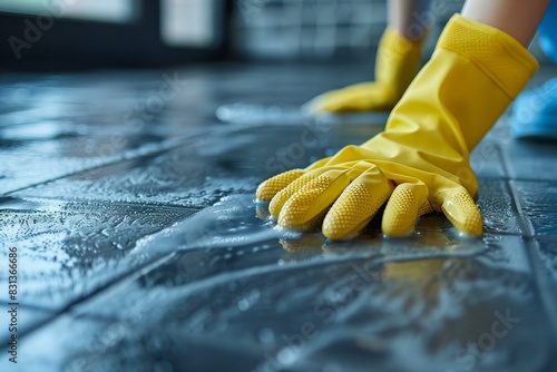Person cleaning floor with yellow glove photo