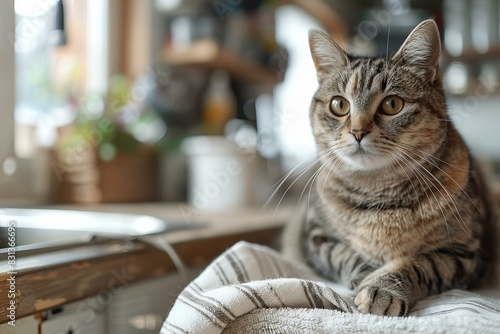 Cat sitting on towel in kitchen