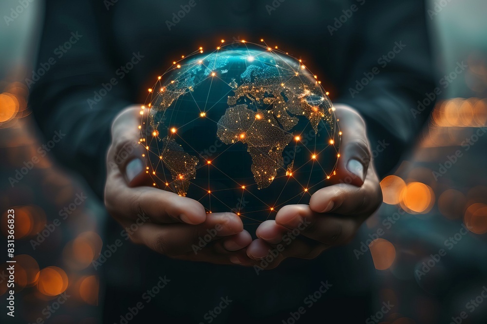 Fototapeta premium Person holding glowing globe with world map in background