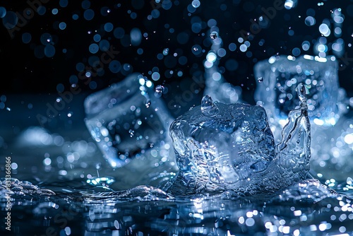 Ice cubes in water with droplets