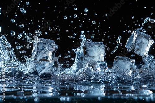 Ice cubes dropping into water photo