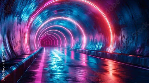 Futuristic neon-lit tunnel with vibrant colors and reflective floor creating a mesmerizing and otherworldly atmosphere.