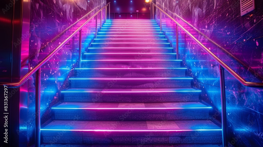 Vibrant neon-lit staircase with pink and blue lights creating a futuristic and mesmerizing atmosphere. Perfect for modern design concepts.