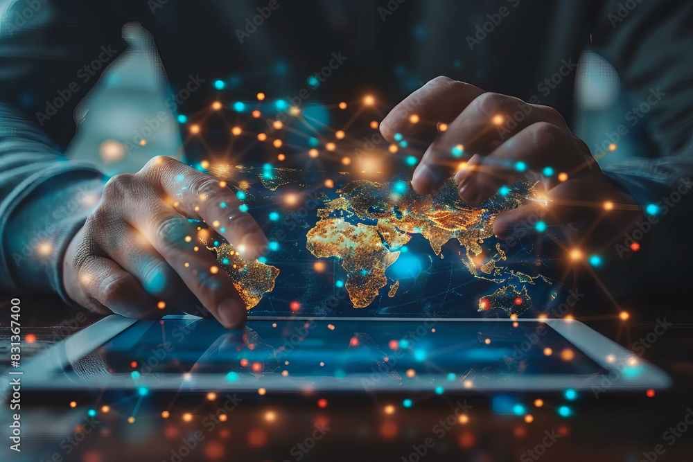 Person using tablet with world map Person using tablet with world map