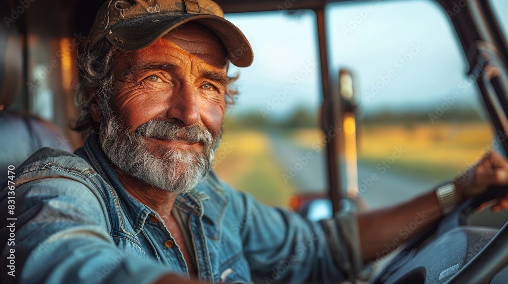 A senior man with a beard and cap driving a truck, capturing the warm light of sunset on a rural road. A senior man with a beard and cap driving a truck, capturing the warm light of sunset on a rural road.