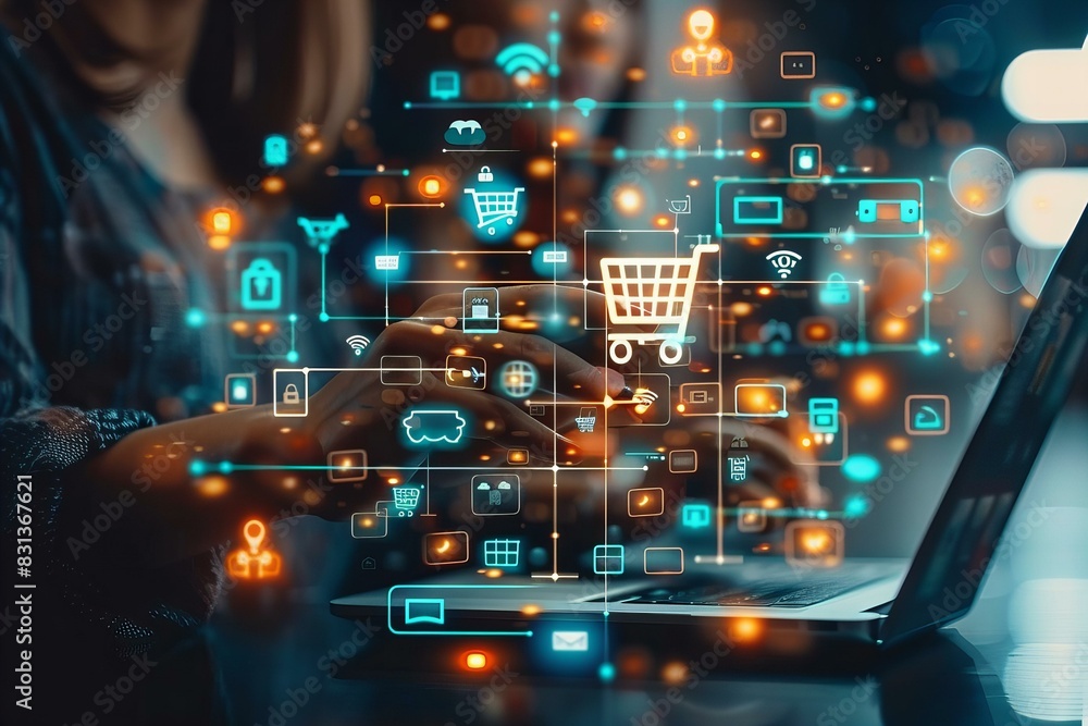 Fototapeta premium Person using laptop with shopping cart on screen