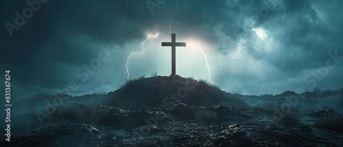 Low-angle view CG 3D rendering of a solemn cross on a jagged hill, enveloped by stormy skies softly whispering redemption, hyper-realistic textures, and atmospheric depth photo