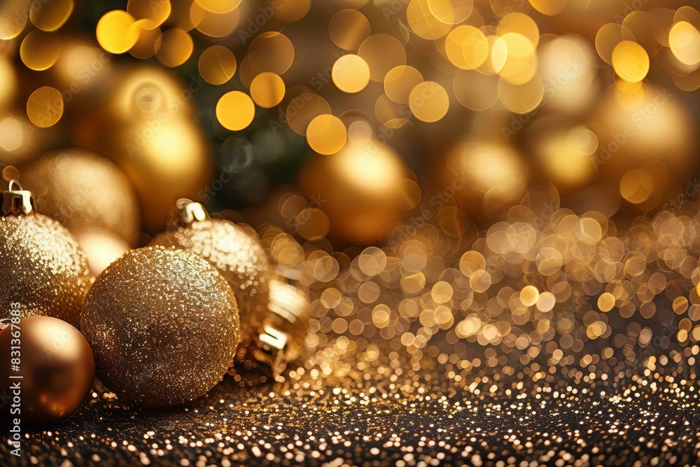 Gold christmas ornaments displayed table Gold christmas ornaments displayed table