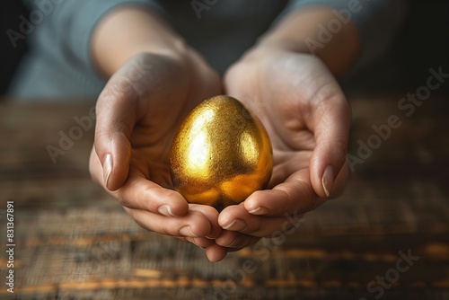 Person holding golden egg on wooden table photo