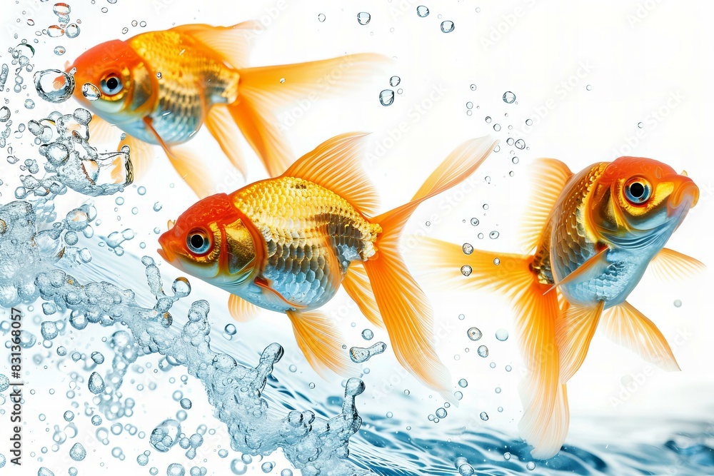 Fototapeta premium Three goldfish swimming with water bubbles