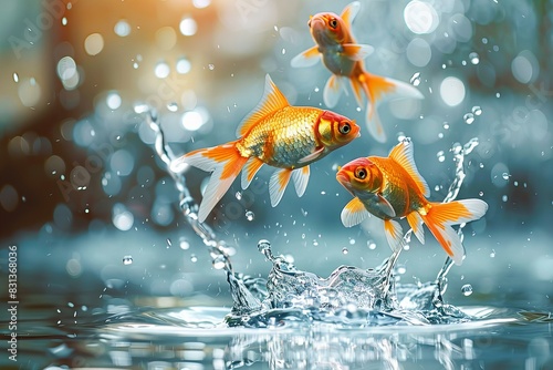 Two goldfishes jumping water