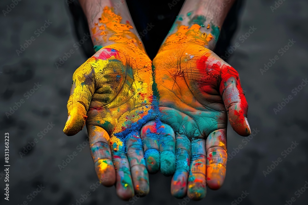 Someone holds painted hands colorful paint Someone holds painted hands colorful paint