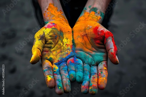 Someone holds painted hands colorful paint