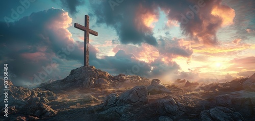 Low-angle view photorealistic image of a solemn cross on a rugged hill, under tempestuous skies hinting at redemption, high contrast, and deep shadows, cinematic quality