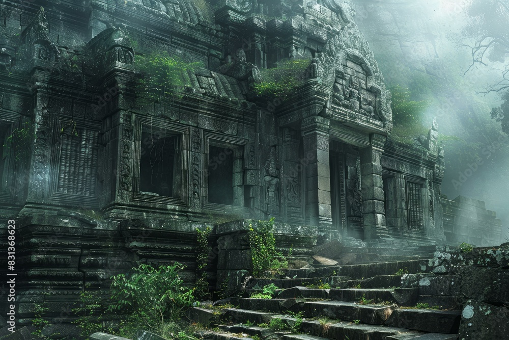 Enigmatic ancient temple ruins overtaken by nature, shrouded in fog Enigmatic ancient temple ruins overtaken by nature, shrouded in fog