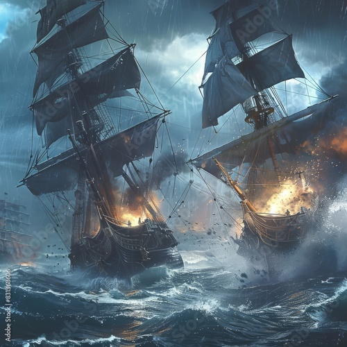 Epic Naval Battle in Stormy Seas During Age of Sail photo