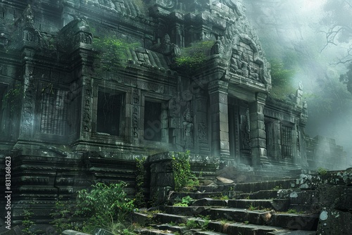 Enigmatic ancient temple ruins overtaken by nature  shrouded in fog