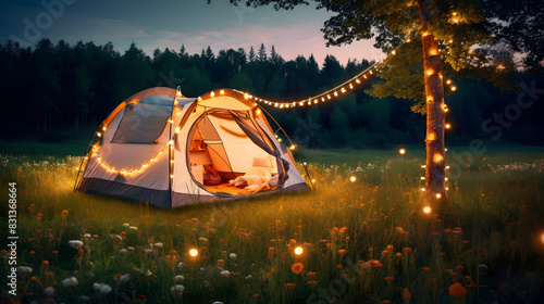 tent in the forest, A tent illuminated by fairy lights stands in a field