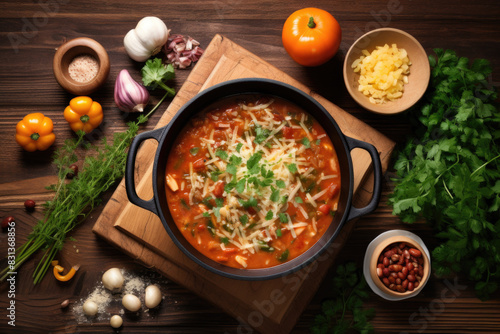 Delicious Homemade Traditional Italian Minestrone Tomato Soup with Fresh Cheese and Parsley Toppings in Rustic Kitchen Setting
