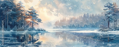 A serene snowy landscape with a frozen lake surrounded by snowcovered pine trees, soft light, cool tones, watercolor technique, photo