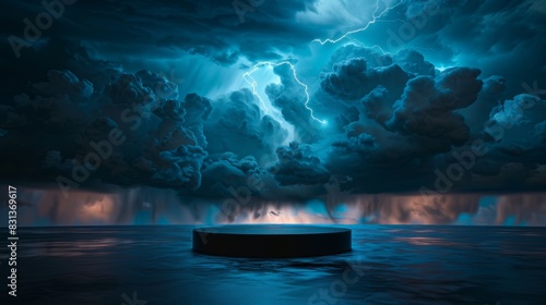 Panoramic view of a sleek black podium set against a fierce lightning storm, high-contrast dramatic scene, realistic shadows and reflections, vibrant and intense © Purichaya