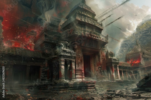 Apocalyptic temple ruins in a dystopian world  a digital art concept of chaotic destruction and eerie atmosphere