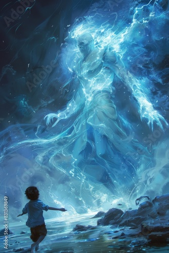 A young boy is standing in front of a giant blue monster