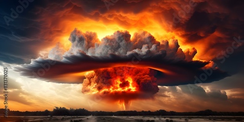 Nuclear explosion with shock wave against stormy sky and nuclear fungus backdrop. Concept Natural Disasters, Apocalypse, Explosions, Nuclear Fallout, Storms