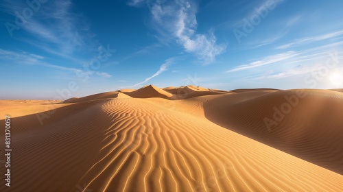 A stunning desert landscape with undulating sand dunes, the sun casting long shadows, and a clear blue sky overhead with wisps of clouds. 32k, full ultra hd, high resolution