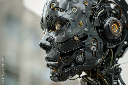 Closeup of a detailed futuristic robotic head with intricate design and sophisticated artificial intelligence technology
