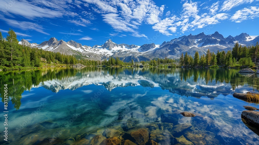A stunning view of a crystal-clear lake reflecting the surrounding snow-capped mountains and evergreen forests, all under a bright blue sky with scattered, fluffy clouds. 