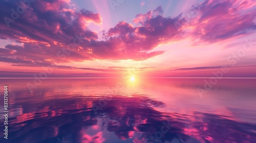 A stunning sunset over a calm lake  with the sky ablaze in pink and purple hues  and the serene waters perfectly mirroring the colorful sky. 32k  full ultra hd  high resolution